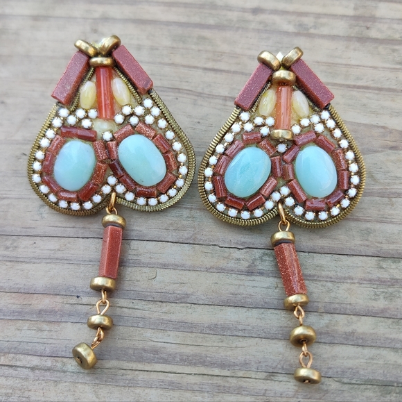 Vintage artisan signed Hansen stone earrings - Picture 2 of 9